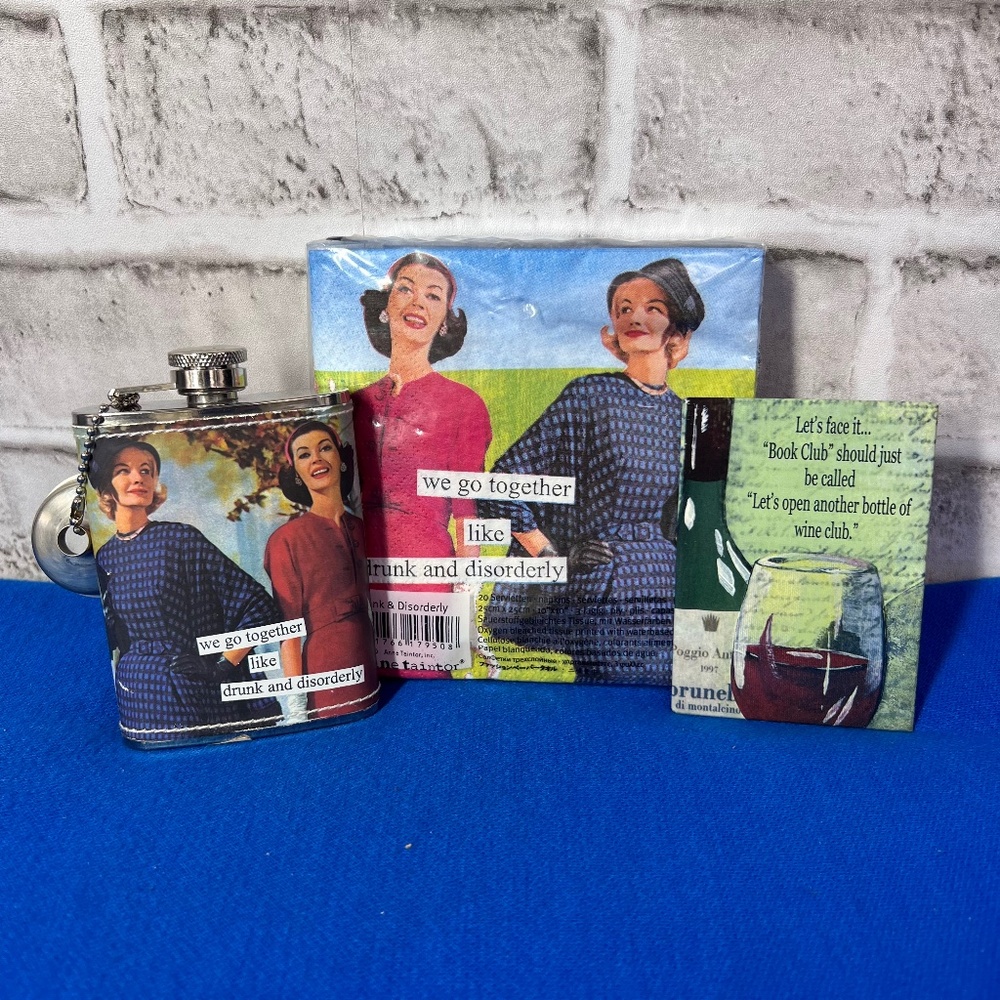 NWT🤩 Flask Napkins Drunk & Disorderly Wine Book Club Magnet